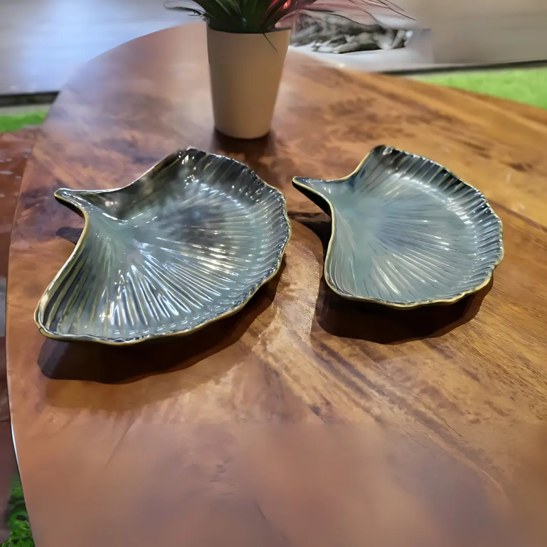 Ceramic Leaf Platters – Aqua Green with Golden Edge