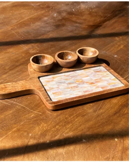 Handcrafted Wooden Snack Tray with Ceramic Floral Inlay & 3 Wooden Bowls