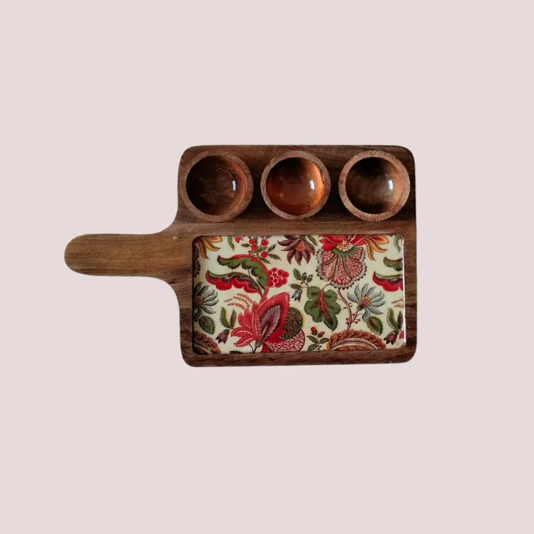 Handcrafted Wooden Snack Tray with Ceramic Floral Inlay & 3 Wooden Bowls