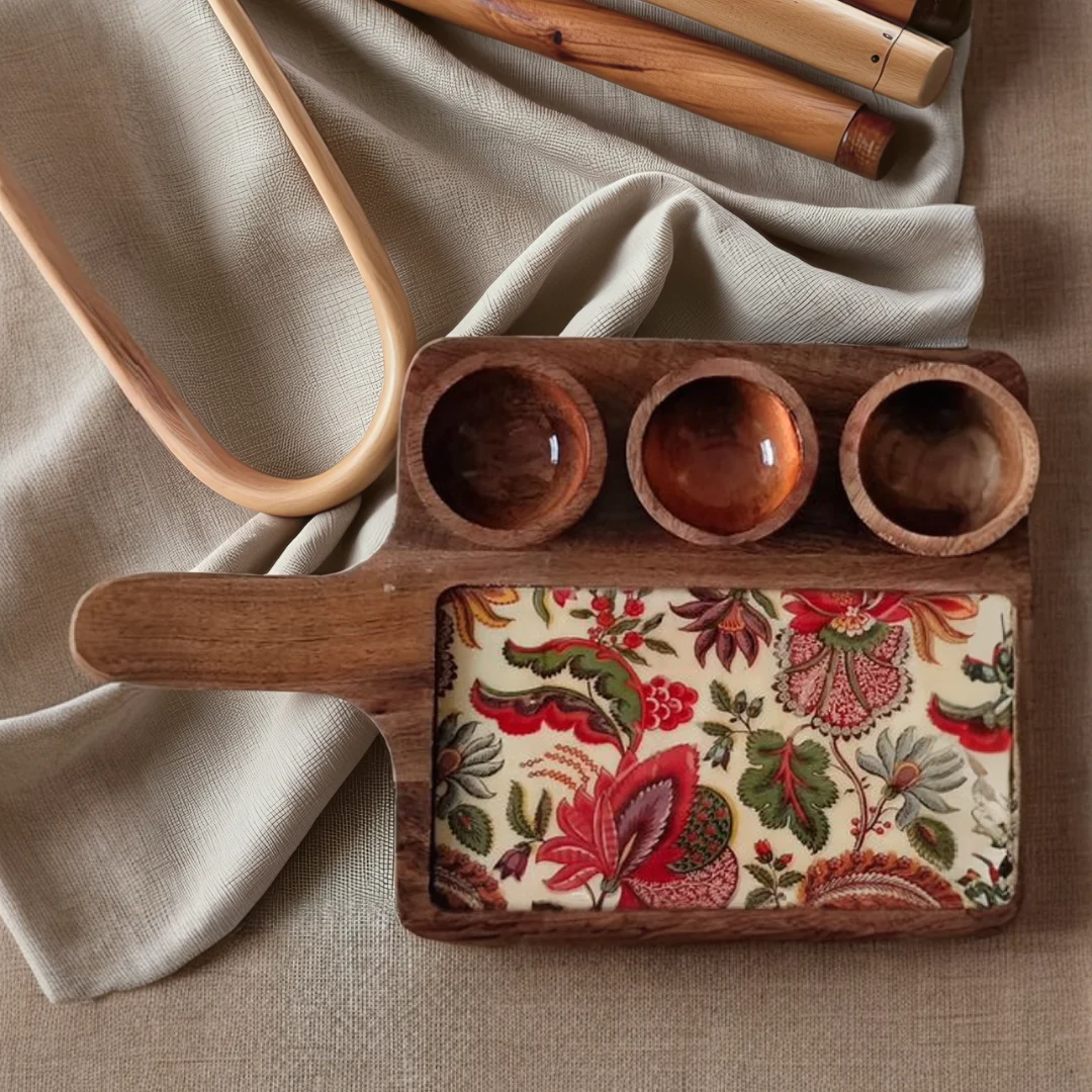 Handcrafted Wooden Snack Tray with Ceramic Floral Inlay & 3 Wooden Bowls1