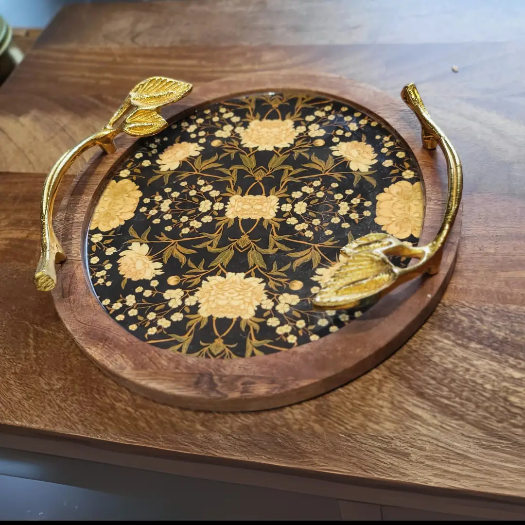 Round Wooden Tray with Golden Leaf Handles